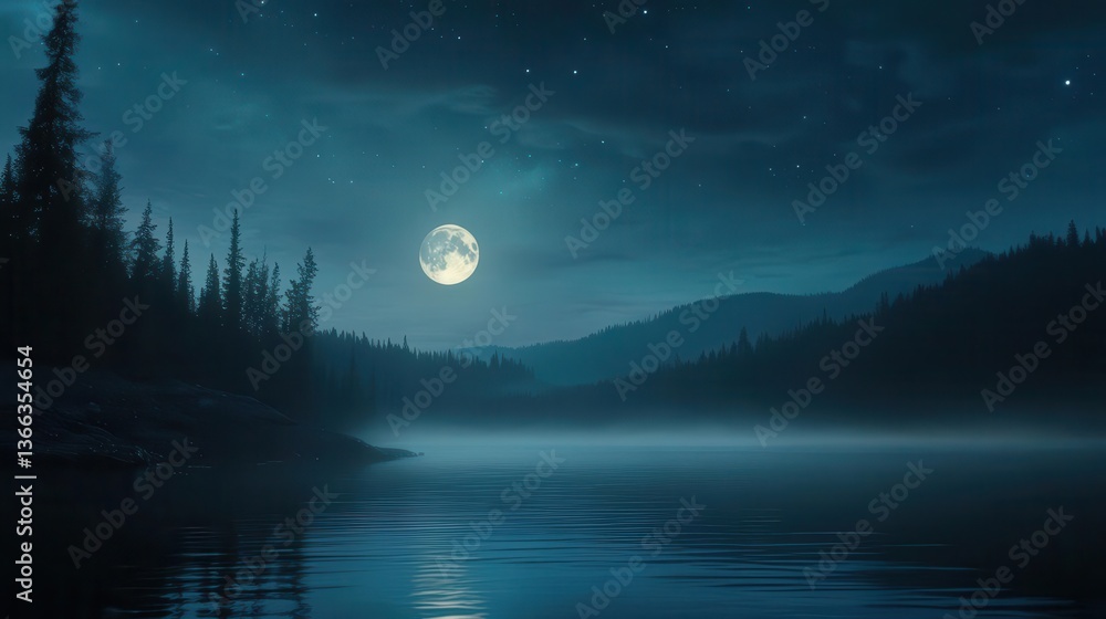 Fototapeta premium Peaceful Night Sky with Full Moon Reflected in Calm Lake Surrounded by Dense Forests and Mountains