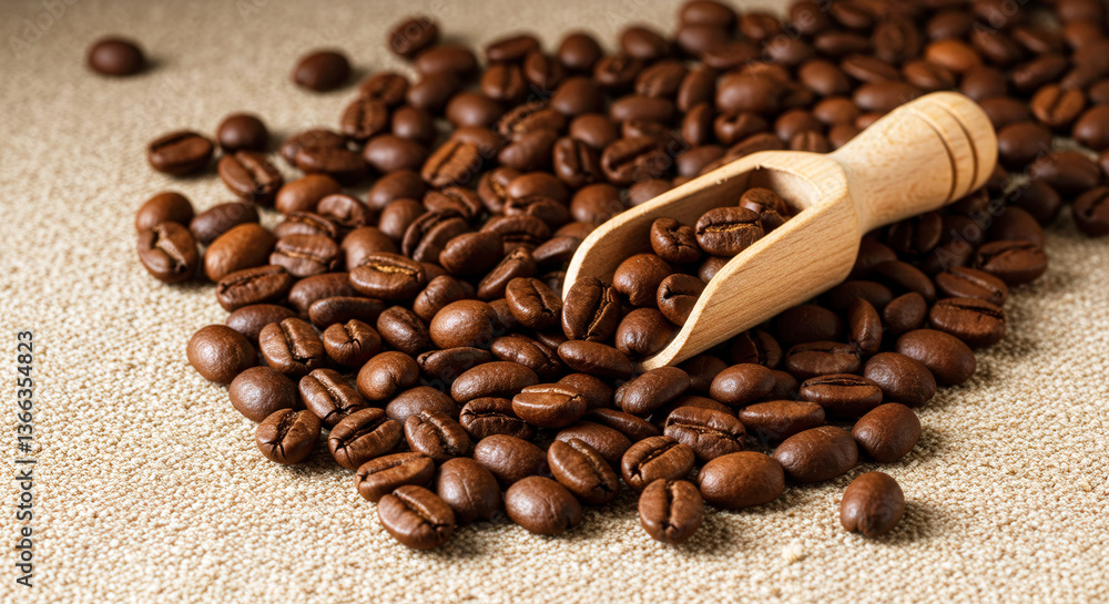 Fototapeta premium A wooden scoop brimming with dark roasted coffee beans sits atop a large pile of beans on a beige surface. The coffee industry theme emphasizes the rich brown tones of high quality coffee