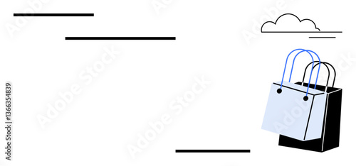 Shopping bags next to abstract, stepped lines and a cloud element. Ideal for online shopping, e-commerce, retail marketing, consumer behavior, sales strategy, brand promotion, minimalistic design