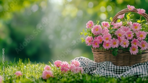 Beautiful Pink Flowers in a Wicker Basket on Green Grass in a Sunlit Garden S...