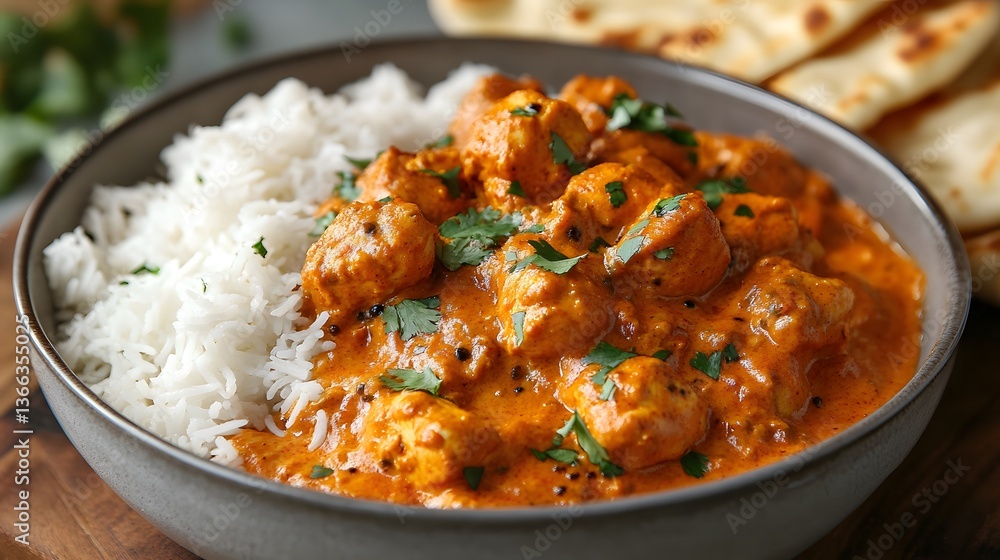 Delicious chicken tikka masala served in a bowl with fluffy white rice and naan bread Delicious chicken tikka masala served in a bowl with fluffy white rice and naan bread