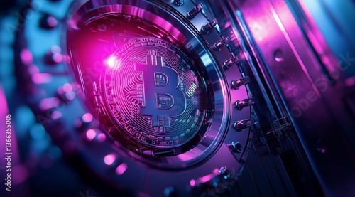 Bitcoin Coin Surrounded by Circuit Board in Colorful Lighting Showcasing Cryp...