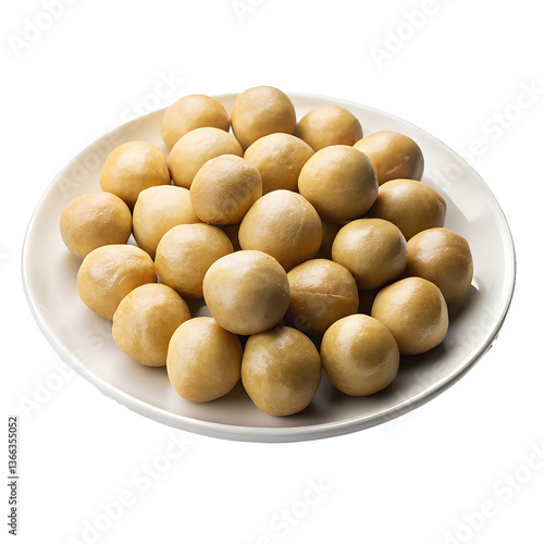Whole Macadamia Nuts on a White Plate with a White Background