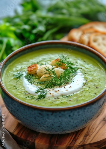 Delicious Green Soup With Croutons and Herbs Served in a Rustic Bowl