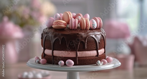 Chocolate Layer Cake Decorated With Macarons and Candy on a White Stand for a...
