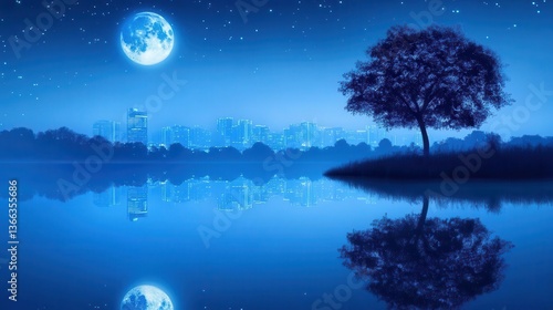 Wallpaper Mural Serene Lake Reflection Under a Full Moon with a Silhouetted Tree and Starry Night Sky Torontodigital.ca