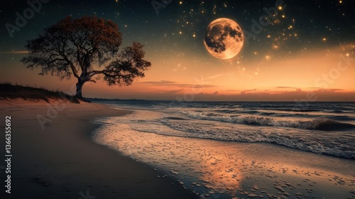 Wallpaper Mural Serene Beach Landscape at Sunset with Tree Silhouette and Moon in Starry Sky Torontodigital.ca