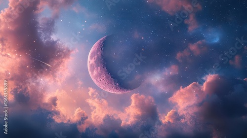 Wallpaper Mural Serene Night Sky with a Dreamy Pink and Purple Moon Surrounded by Fluffy Clouds and Stars Torontodigital.ca
