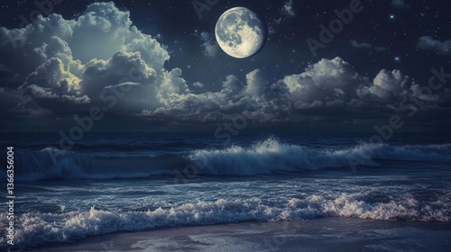 Wallpaper Mural Serene Ocean Waves Under a Bright Moon and Stars at Night with Majestic Clouds Torontodigital.ca