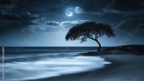 Wallpaper Mural Serene Silhouette of a Tree at the Beach Under a Bright Moonlight in the Dark Night Sky Torontodigital.ca