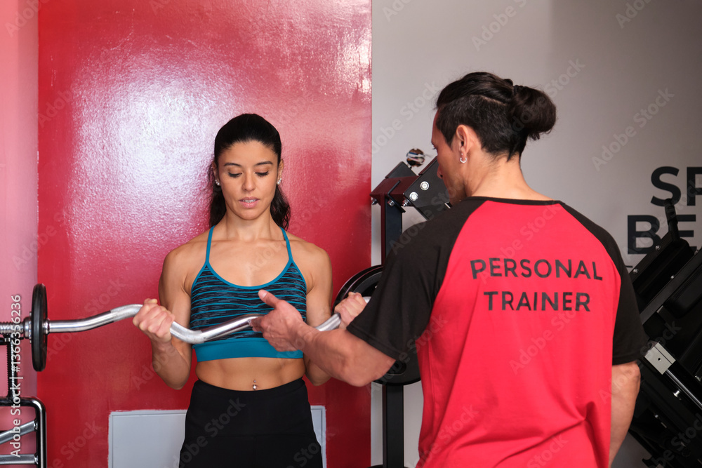 Personal trainer assisting young woman lifting weights during strength training workout session in gym
