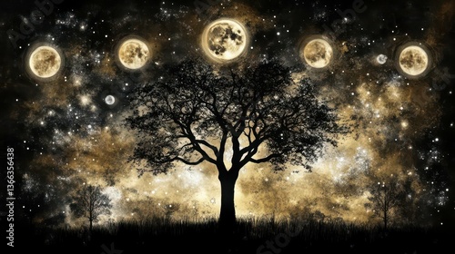Silhouette of a Majestic Tree Against a Starry Night Sky with Multiple Glowing Moons