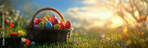 Colorful Easter Eggs in a Wicker Basket Surrounded by Green Grass During Spri...