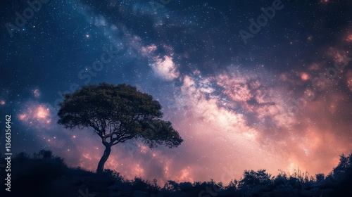 Wallpaper Mural Silhouette of a Lone Tree Under a Starry Sky with the Milky Way Galaxy at Night Torontodigital.ca