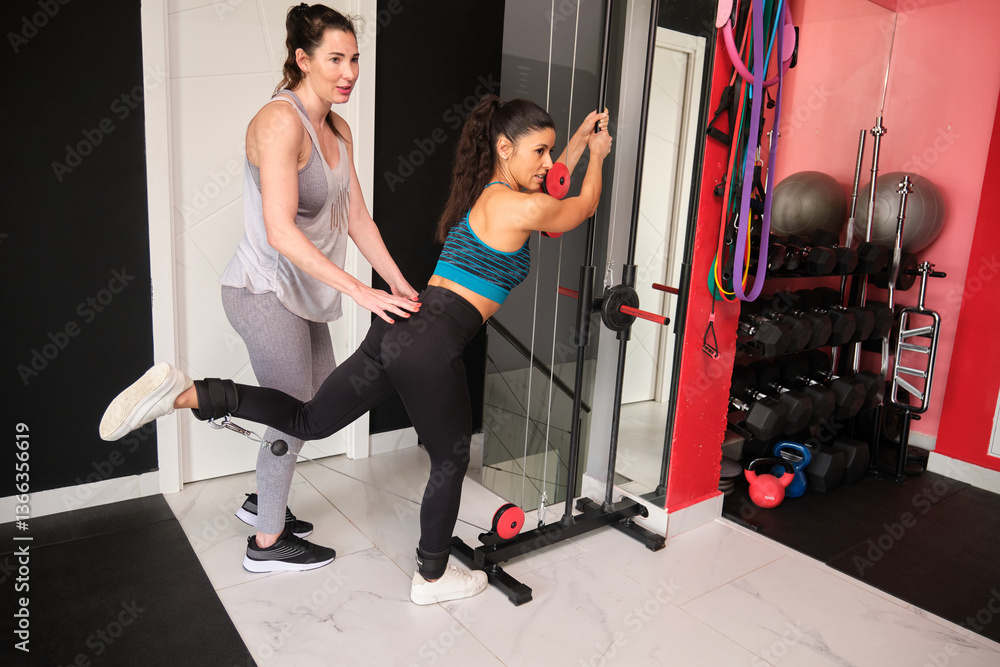 Woman using cable machine with personal trainer assisting in modern gym