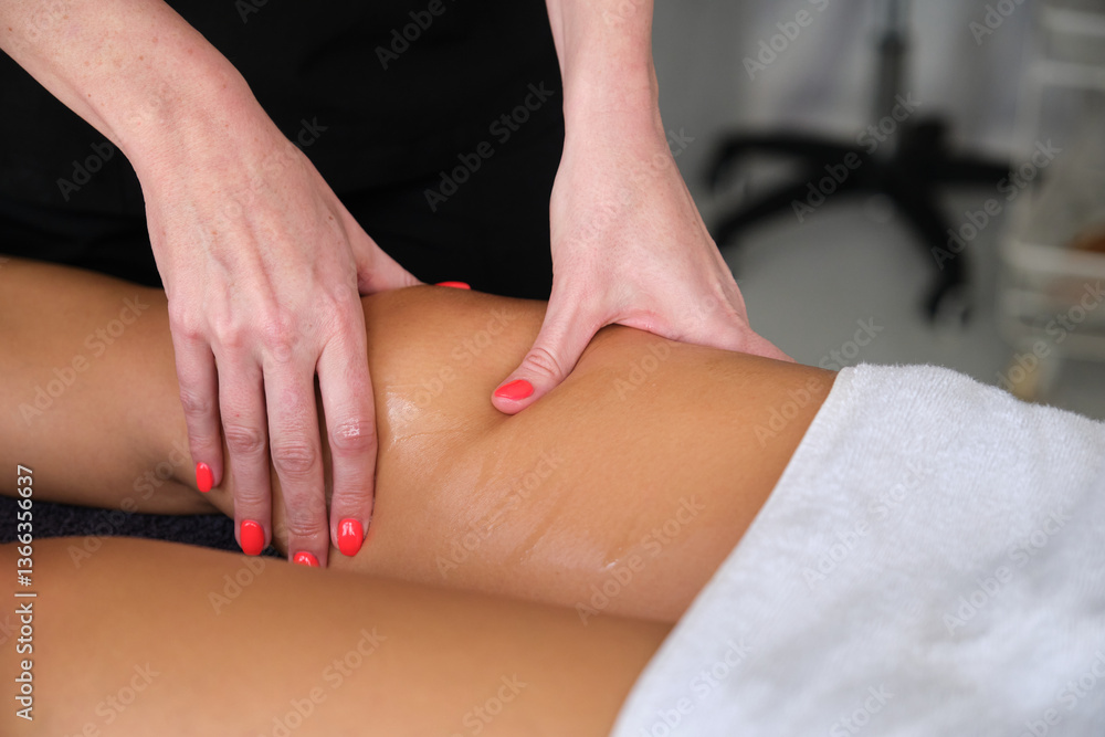 Professional masseuse applying moisturizing oil and giving relaxing leg massage to client in spa or beauty salon