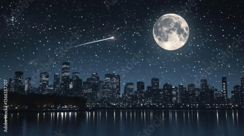 Starry Night Sky Over Urban Cityscape with Full Moon and Reflections on Calm Water