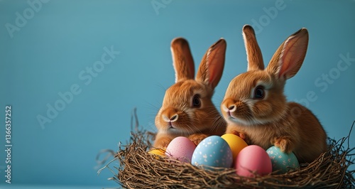 Cute Rabbits With Colorful Eggs in a Nest During Spring Celebration
