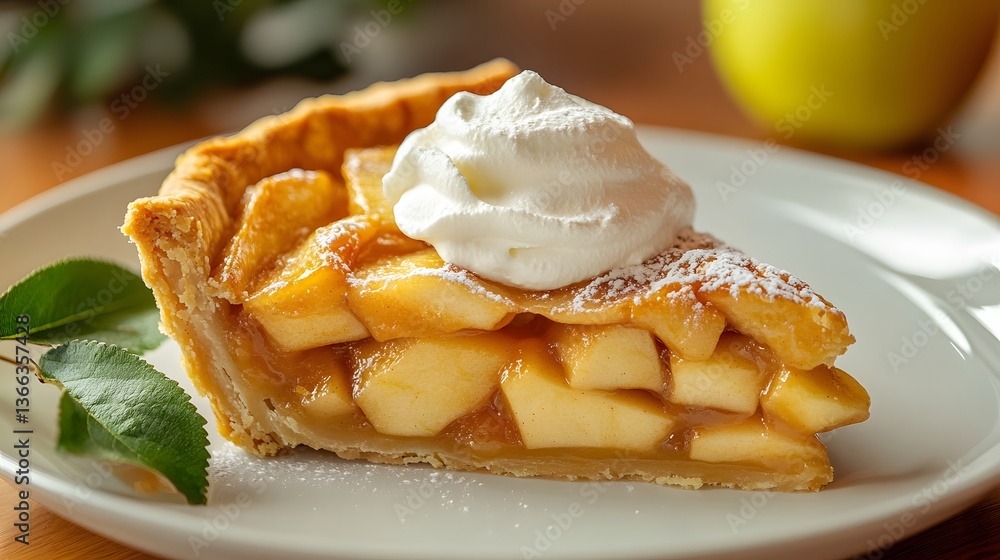a delightful slice of apple pie topped with whipped cream, a tempting dessert with a golden crust a delightful slice of apple pie topped with whipped cream, a tempting dessert with a golden crust