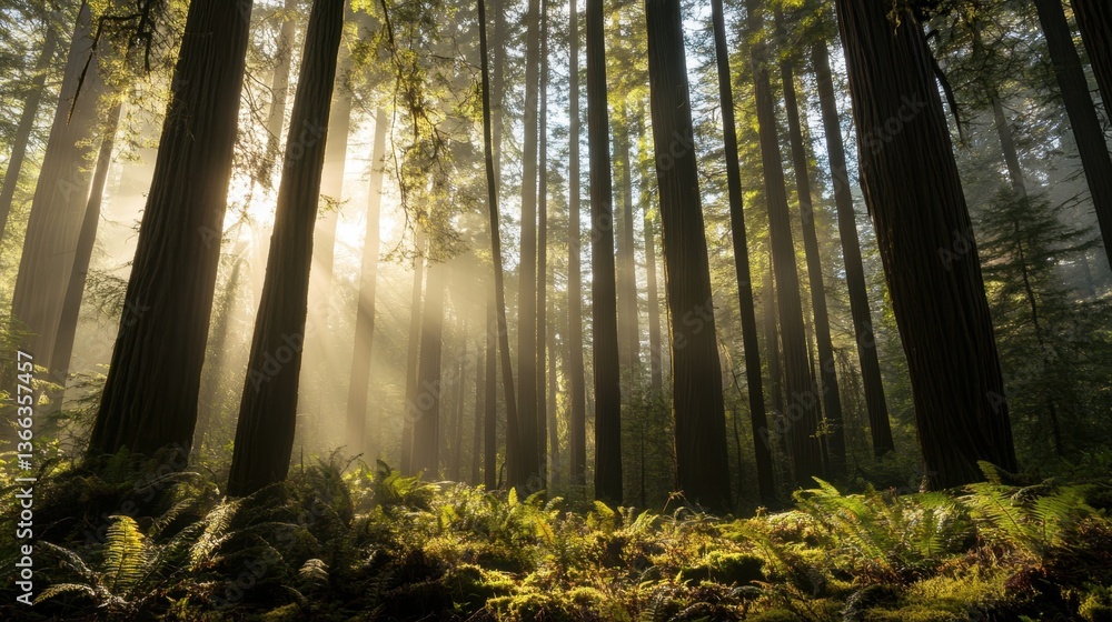 Naklejka premium Sunlight Streams Through Majestic Redwoods in a Serene Forest Setting