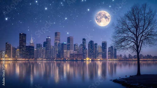 Wallpaper Mural Stunning City Skyline at Night with Full Moon and Twinkling Stars Reflected on Calm Waters Torontodigital.ca