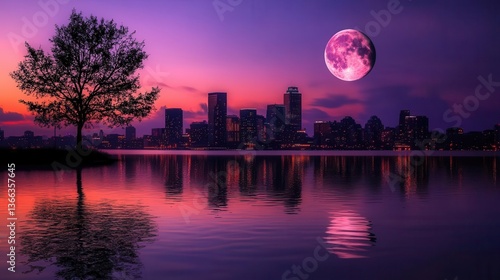 Wallpaper Mural Stunning Cityscape at Twilight with Tree Silhouette and Vibrant Moon Over Water Reflection Torontodigital.ca