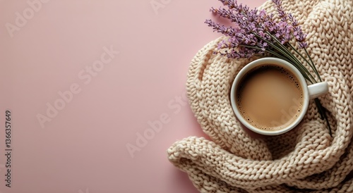 Cozy Cup of Coffee With Lavender on a Knitted Blanket in Soft Pink Tones