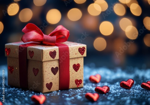 Beautifully Wrapped Gift Box With Red Ribbon and Hearts, Perfect for Celebrat...