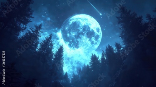 Wallpaper Mural Stunning Full Moon Illuminating a Dense Forest Under a Starry Night Sky with a Comet Torontodigital.ca