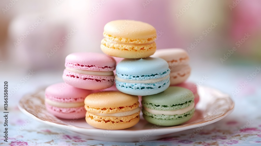 Obraz premium Colorful macarons elegantly arranged on a plate, capturing the essence of delicious desserts