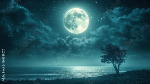 Stunning Moonlit Night Over a Calm Ocean with a Solitary Tree Silhouette Against the Starry Sky