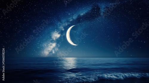 Stunning Night Sky with Crescent Moon and Stars Over Calm Ocean Waters at Twilight