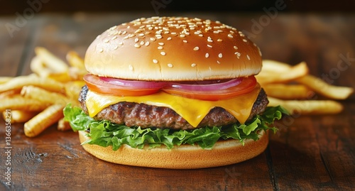 Juicy Hamburger With Cheese and Fresh Toppings Served Alongside Crispy Fries
