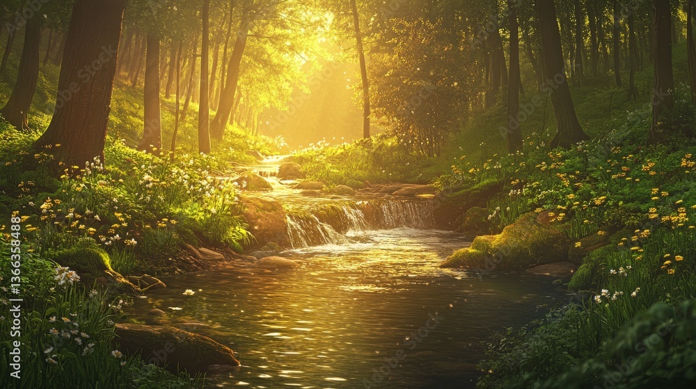 Obraz premium A serene forest stream reflecting warm golden hour light, surrounded by wildflowers and vibrant green foliage. Perfect for nature, relaxation, and scenic themes.. AI Generation