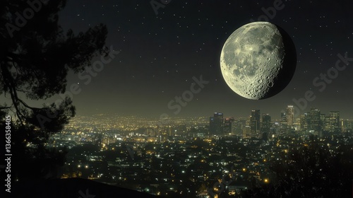 Wallpaper Mural Stunning Night Landscape of a Crescent Moon Over an Illuminated City Skyline with Stars Torontodigital.ca