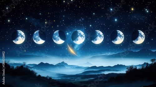 Stunning Phases of the Moon Against a Celestial Night Sky Over a Mountainous Landscape
