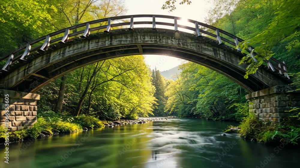 Wooden Arched Bridge over Calm River in Lush Green Forest Wooden Arched Bridge over Calm River in Lush Green Forest
