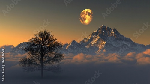 Stunning Sunset Over Mountain Range with Silhouette of Tree and Dramatic Clouds in Distance
