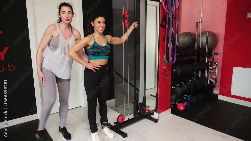 Two women exercising with cable machine in home gym, personal trainer assisting Two women exercising with cable machine in home gym, personal trainer assisting