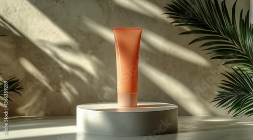 Bright Orange Skincare Tube Displayed on a Pedestal With Natural Plant Shadow...