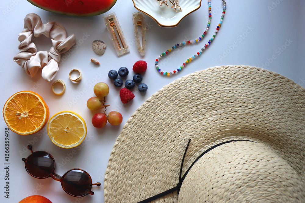 Straw hat, sunglasses, seasonal fruit, seashells and colorful accessories on white backgrounds. Cute summer essentials. Flat lay.