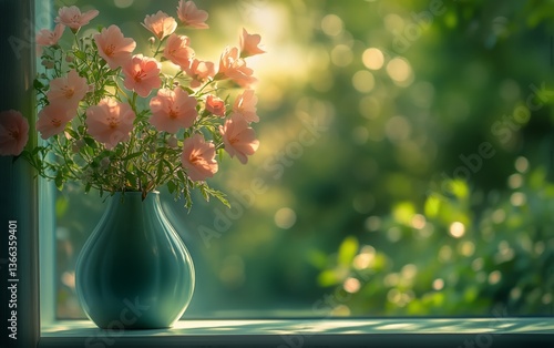Soft Pink Flowers in a Vase on a Windowsill With Natural Background and Gentl...
