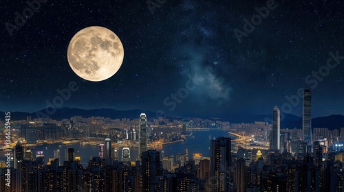 Wallpaper Mural Stunning Nighttime City Skyline Under Bright Full Moon with Starry Sky and Illuminated Buildings Torontodigital.ca