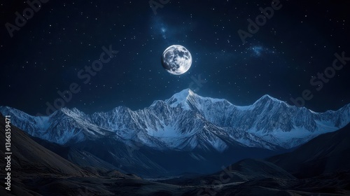 Stunning View of Snowy Mountains Under a Bright Moonlit Sky with Stars at Night