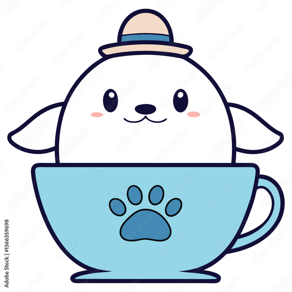 Kawaii dog with hat in blue cup with a paw print, cartoon, transparent background Kawaii dog with hat in blue cup with a paw print, cartoon, transparent background