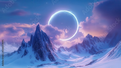 Surreal Snowy Mountain Landscape Under a Dreamy Colorful Sky with Celestial Elements