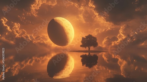 Wallpaper Mural Stunning Sunset with Tree and Reflected Moon Over Calm Water in a Dreamlike Landscape Torontodigital.ca