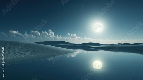 Tranquil Landscape with Moonlight Reflections on Water Surrounded by Serene Clouds and Distant Hills