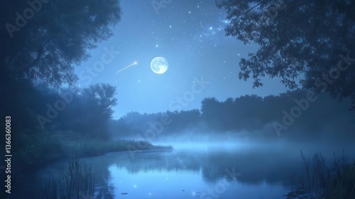 Tranquil Night Scene with Full Moon and Stars Over a Calm Reflective Lake Surrounded by Forest