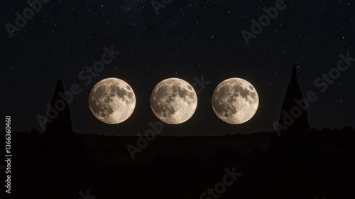 Wallpaper Mural Three Full Moons Rising Over Silhouetted Temples Under Starry Night Sky Torontodigital.ca